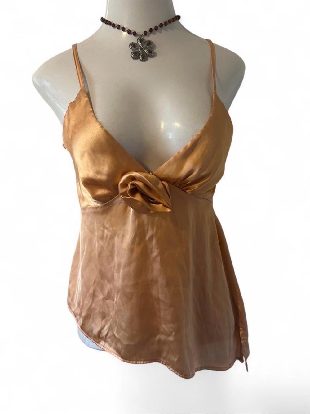 Satin Asymmetrical Rose-Detail Cami Tank Top in Gold